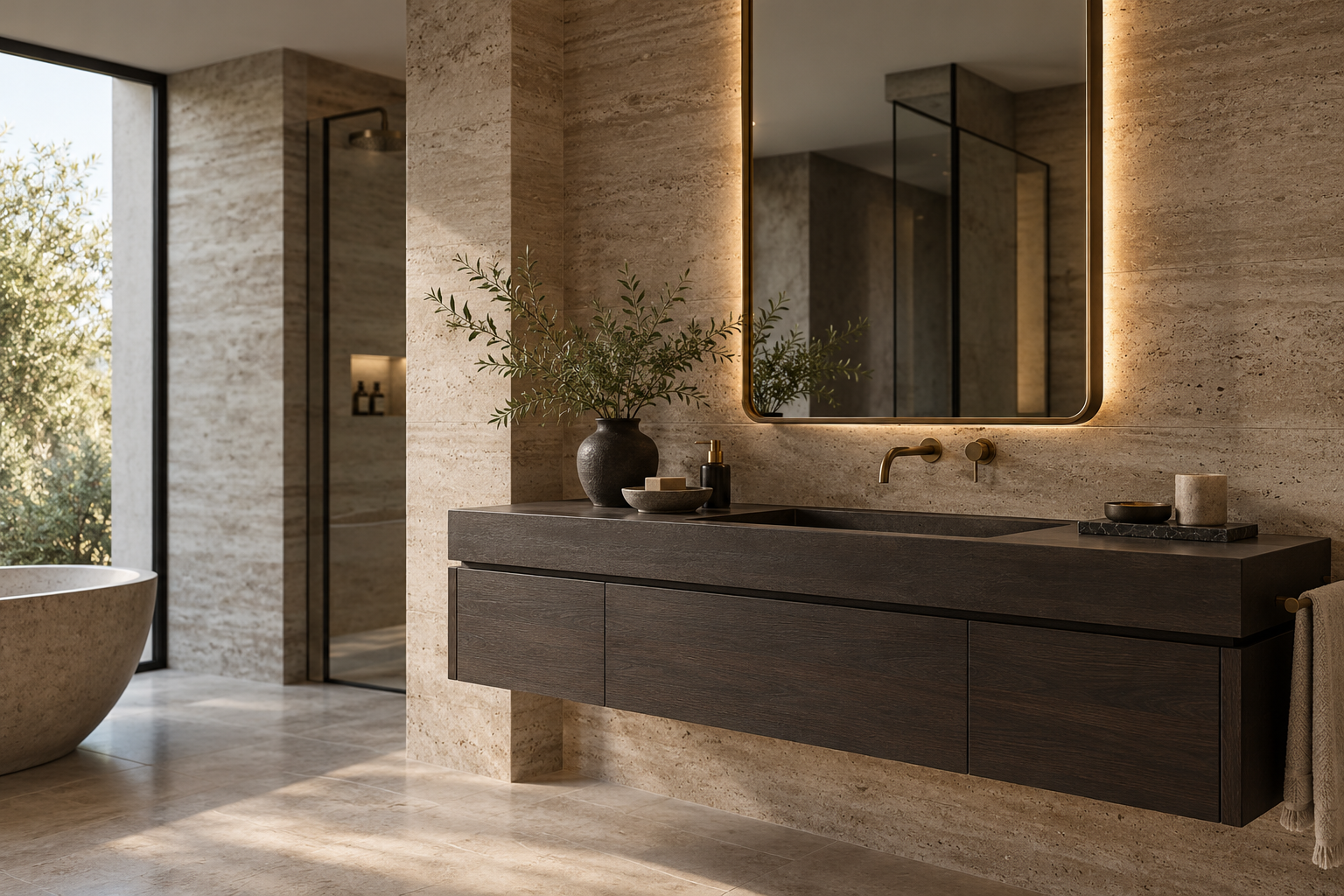Traverten ve koyu ahşap detaylı banyo konsepti